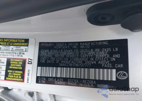 2022 Lexus Es 350 из США, поврежденный, VIN 58ACZ1B17NU137777